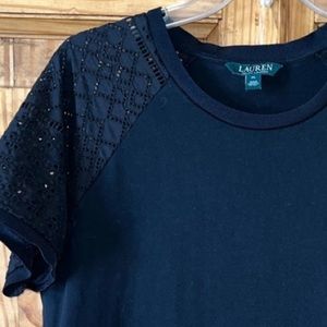 Lauren by Ralph Lauren black shirt sleeve knit eyelet top. Size XL. EUC